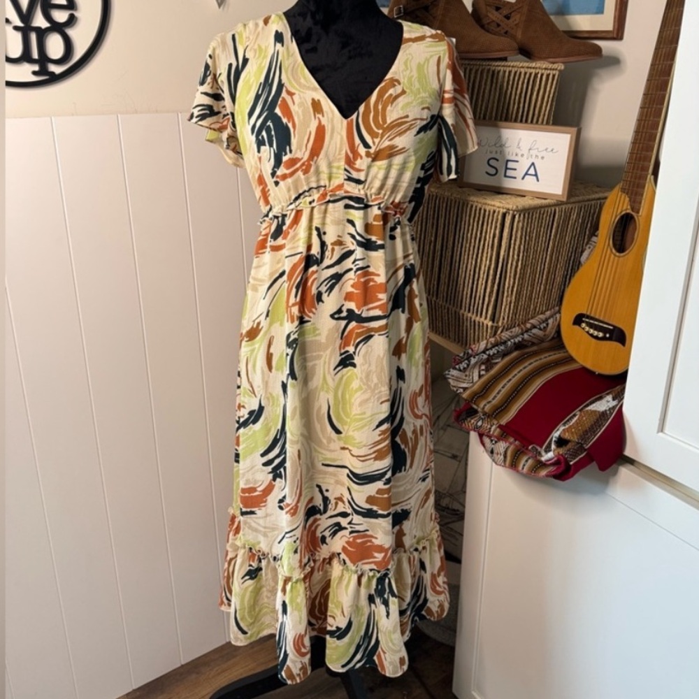 Madewell Women's Size 4 Flutter-Sleeve Ruffle-Waist Midi Dress in Brushing Up